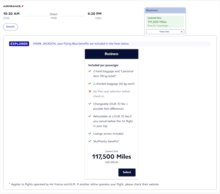 cdg-gru award flight taxes and fees